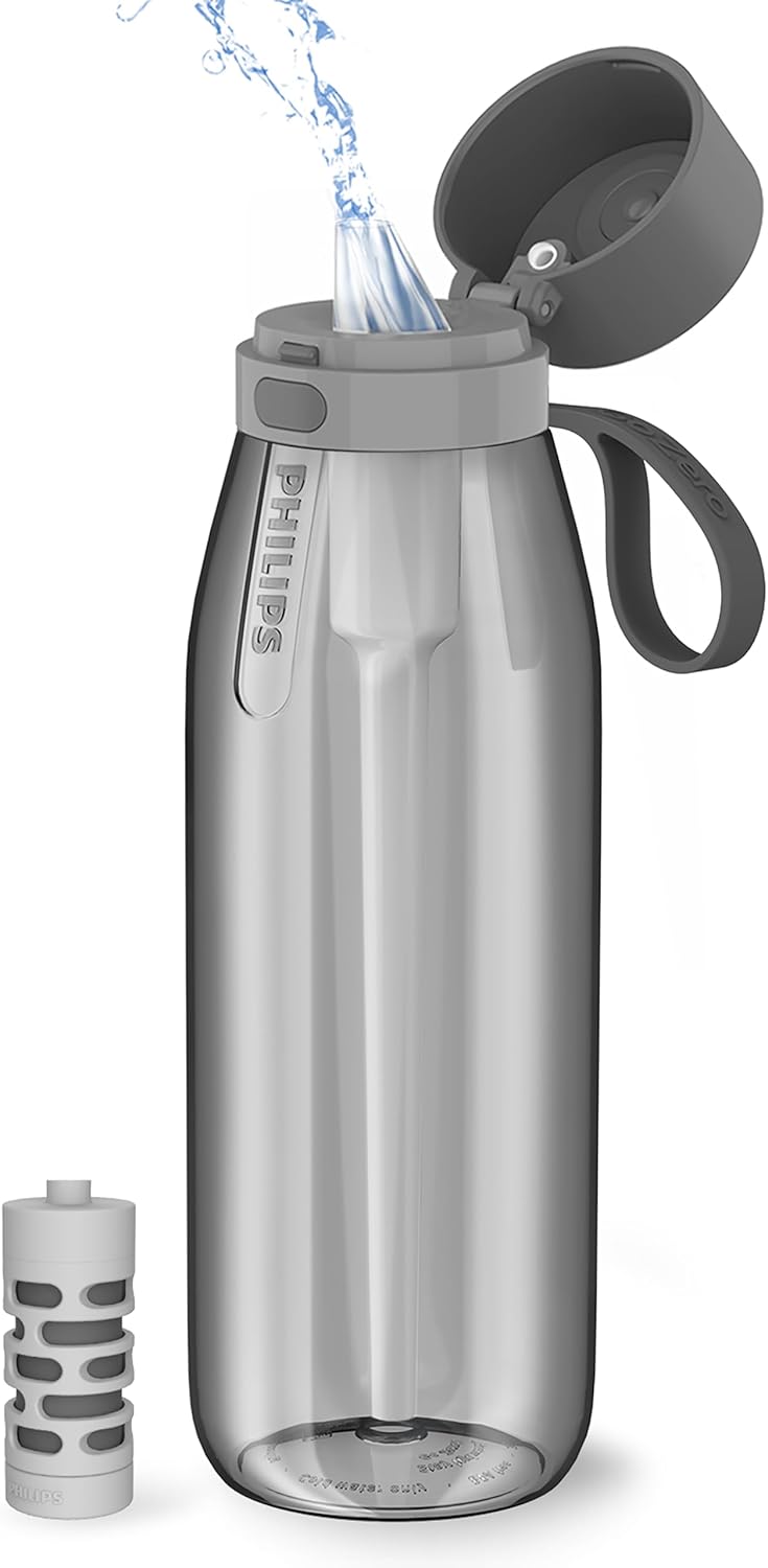 PHILIPS Filtered Water Bottle, BPA-Free Tritan Plastic Water Bottles, Replaces 450 Plastic Water Bottle with Reusable GoZero Everyday Water Filter, Portable Filtering Bottle for Travel