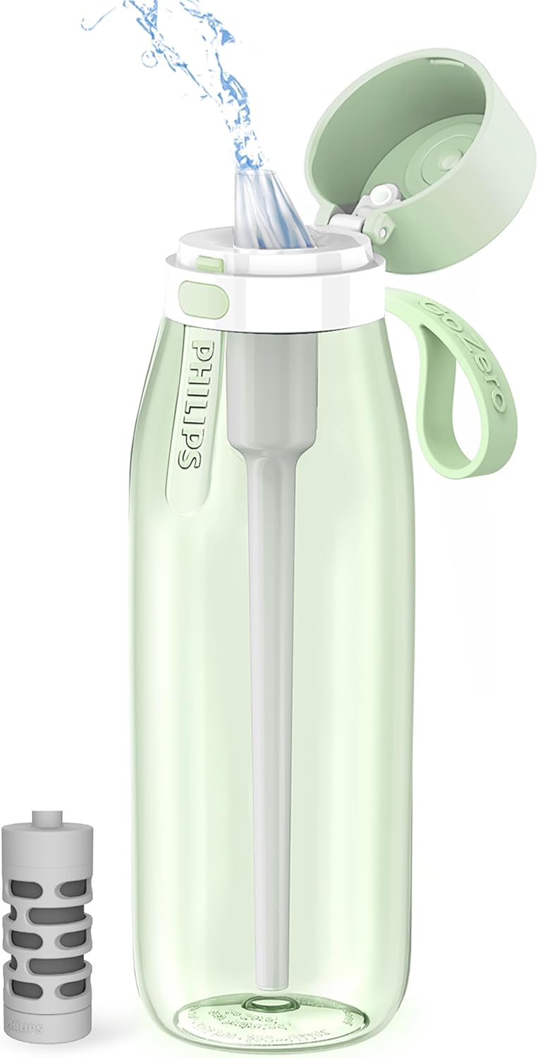 PHILIPS Filtered Water Bottle, BPA-Free Tritan Plastic Water Bottles, Replaces 450 Plastic Water Bottle with Reusable GoZero Everyday Water Filter, Portable Filtering Bottle for Travel