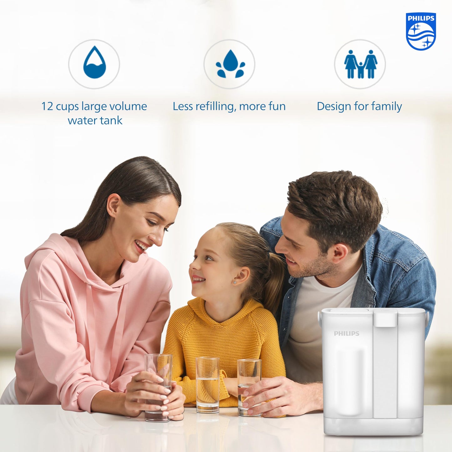 Philips Electric Water Filter Pitcher, 3L 12 Cups Rechargeable Water Dispenser with 2 Plus Filters