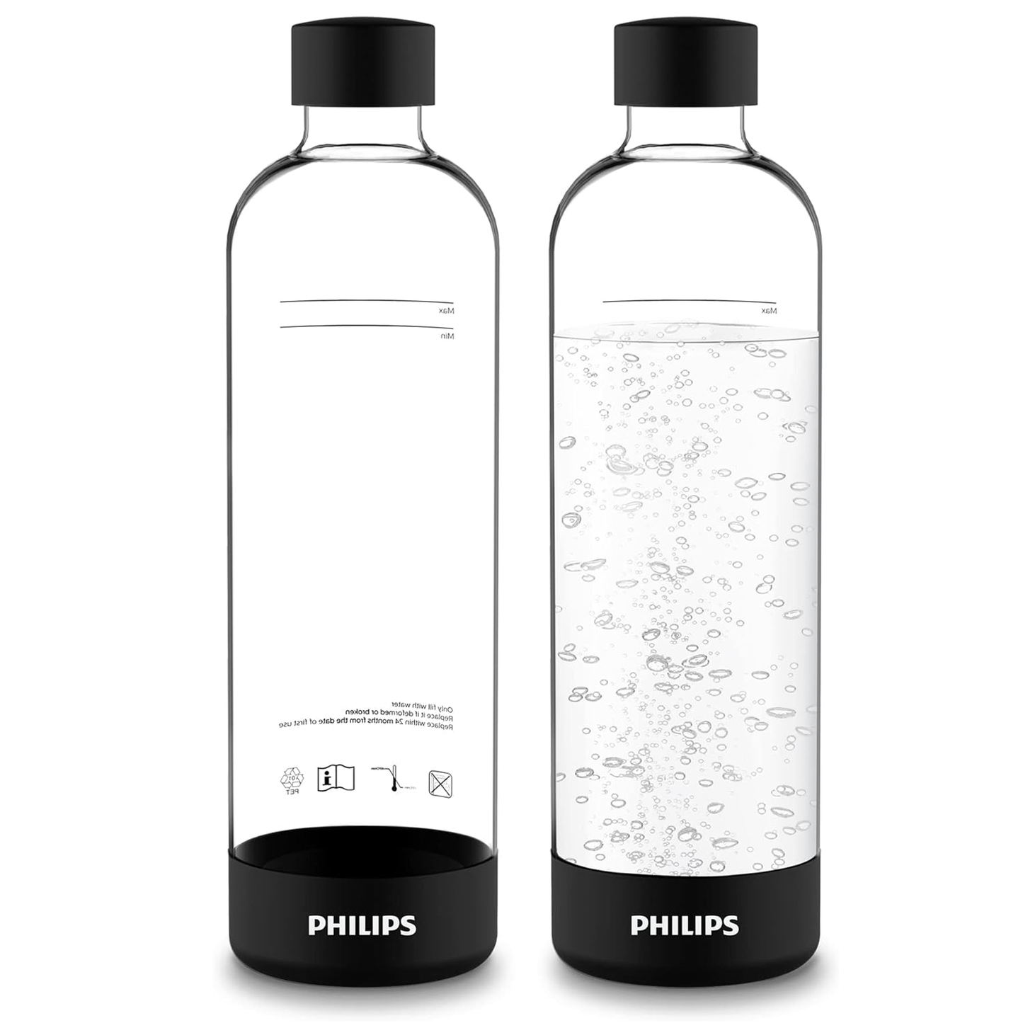 PHILIPS Carbonating Bottles, 1L Twin Pack Reusable PET Sparkling Water Bottles Compatible Sparkling Water Maker, 2 Pack