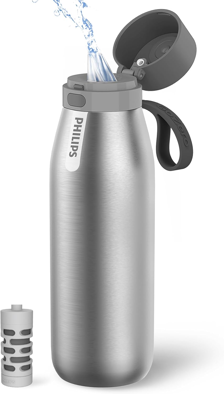 Philips Water GoZero Everyday Insulated Stainless Steel Water Bottle with Philips Everyday Tap Water Filter