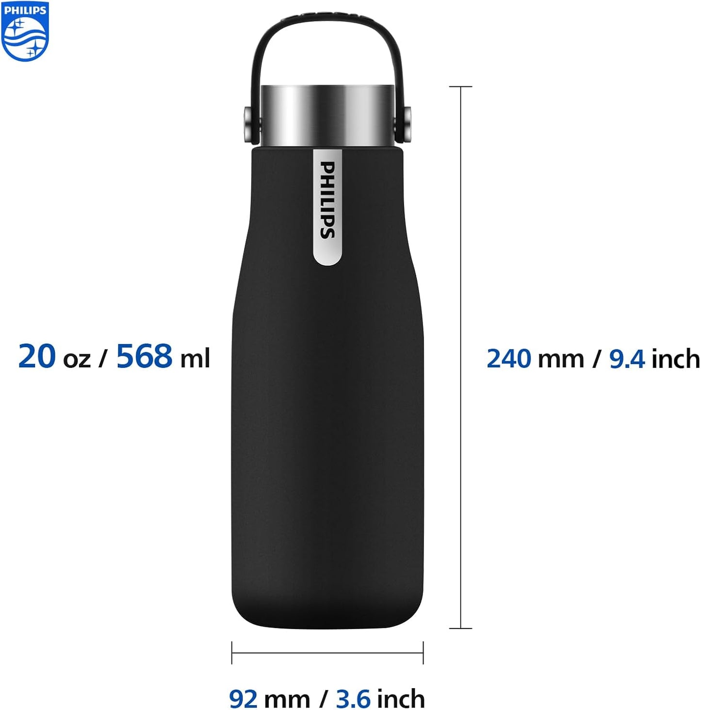 Philips Water GoZero UV Self-Cleaning Smart Water Bottle Vacuum Stainless Steel Insulated Water Bottle with Handle Double-wall, Auto Cleaning, Keep Drink Hot or Cold, BPA Free