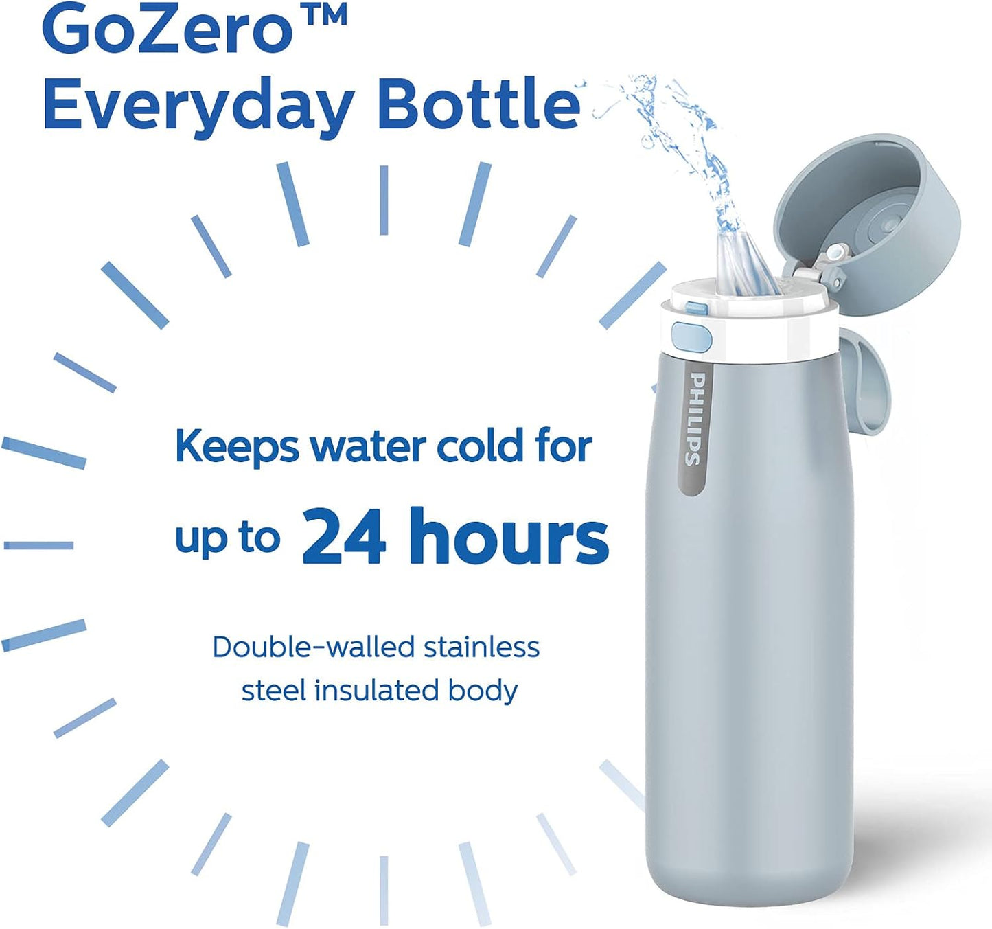 PHILIPS Water Bottle with Filter, Filter Water Bottle Stainless Steel with GoZero Everyday BPA-Free Tap Water Filter, Water Filter Bottle Keep Drink Cold 24 Hours, 3 Filters for 120 gal / 6 Months