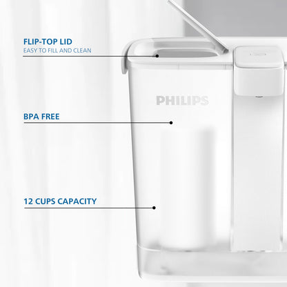 Philips Electric Water Filter Pitcher, 3L 12 Cups Rechargeable Water Dispenser with 2 Plus Filters