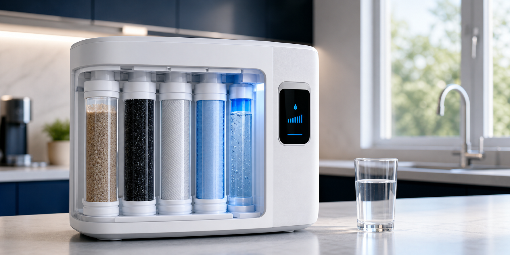 Modern multi-stage home water filtration system with quality display