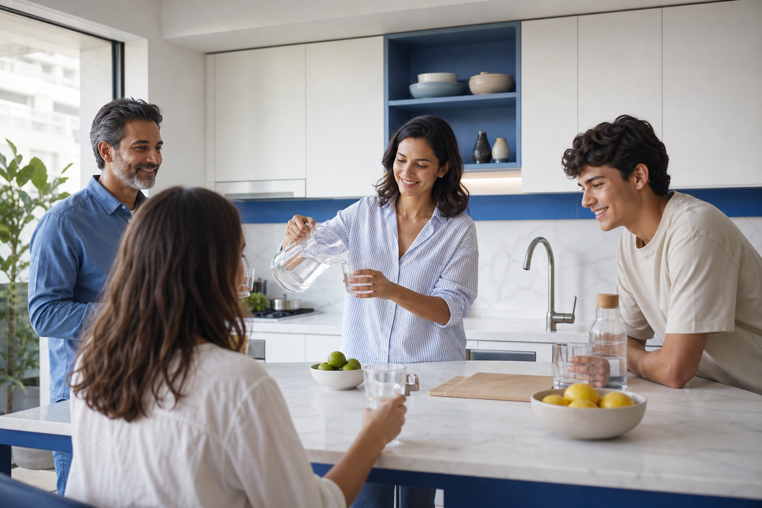 Family sharing fresh water in a modern kitchen