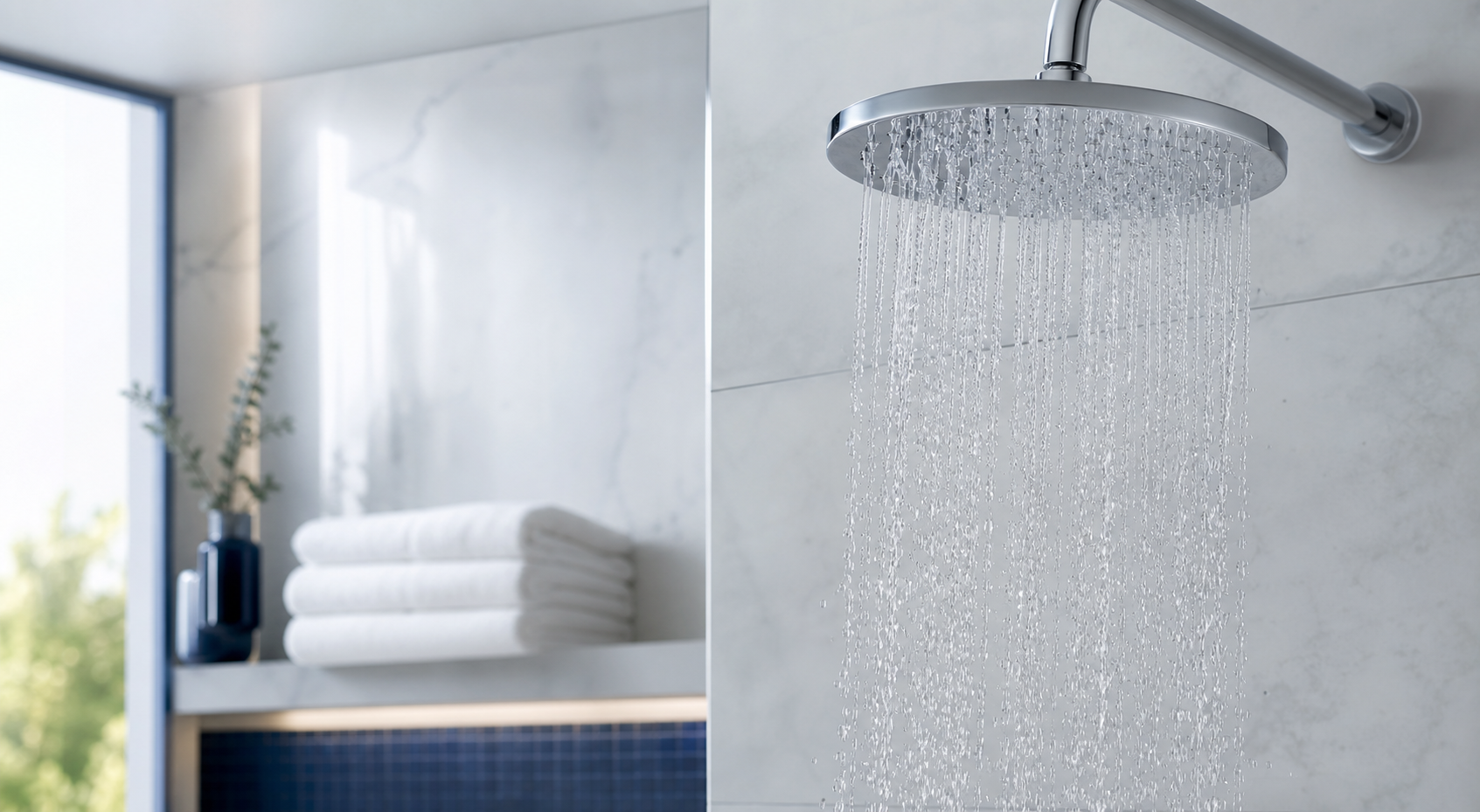 Clean water flowing from a modern shower